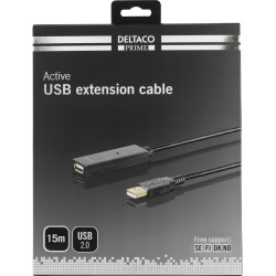 PRIME USB 2.0 pikenduskaabel, aktiivne, tüüp A isane - tüüp A emane, 15m, must